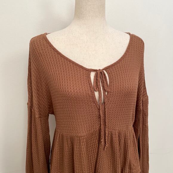 LUSH Waffle Knit Babydoll Peplum Top Womens S Brown Tan Long Sleeve Coquette - Picture 11 of 13